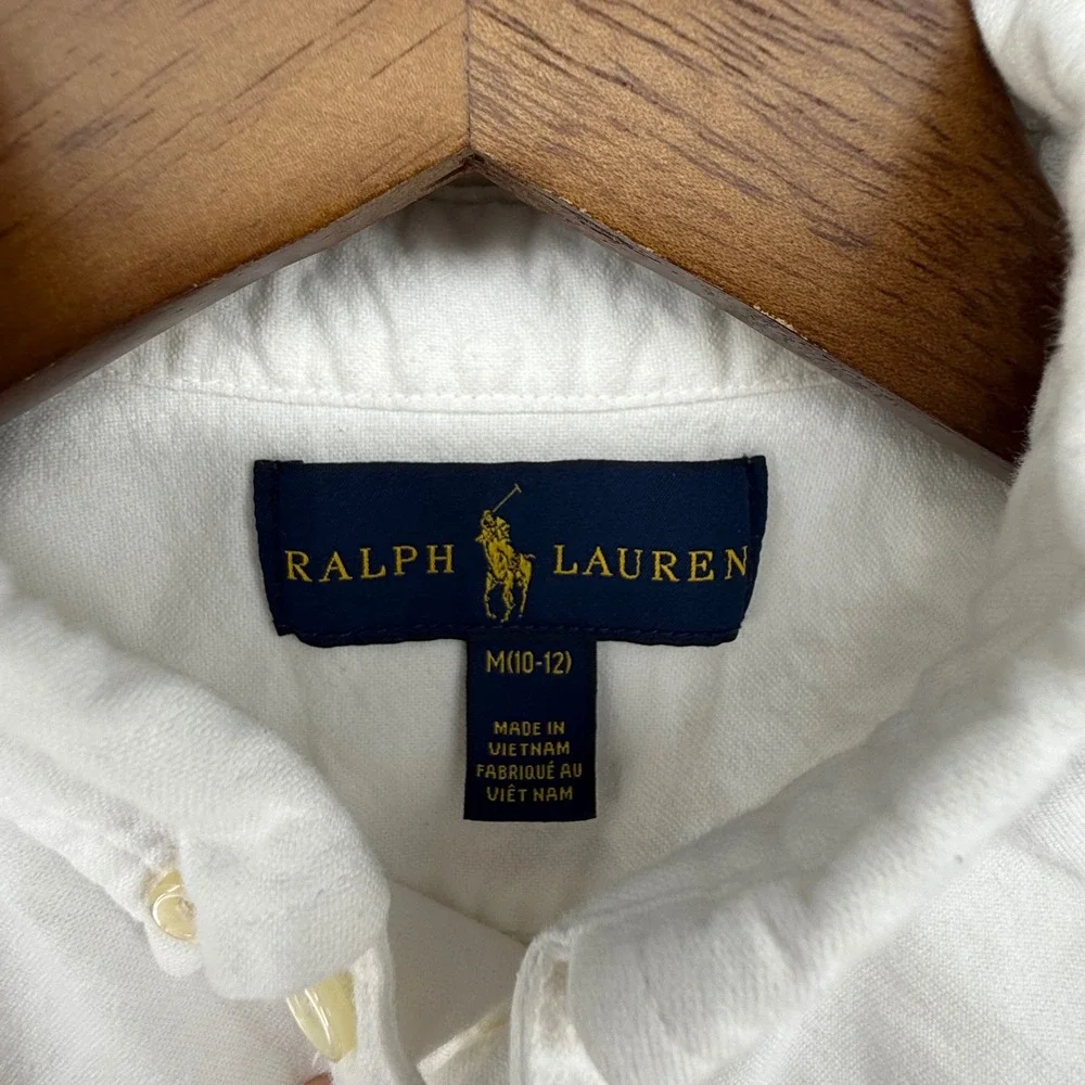 Ralph Lauren Button Down Kids Size M‎ 10-12 White Excellent Oxford Pony Logo